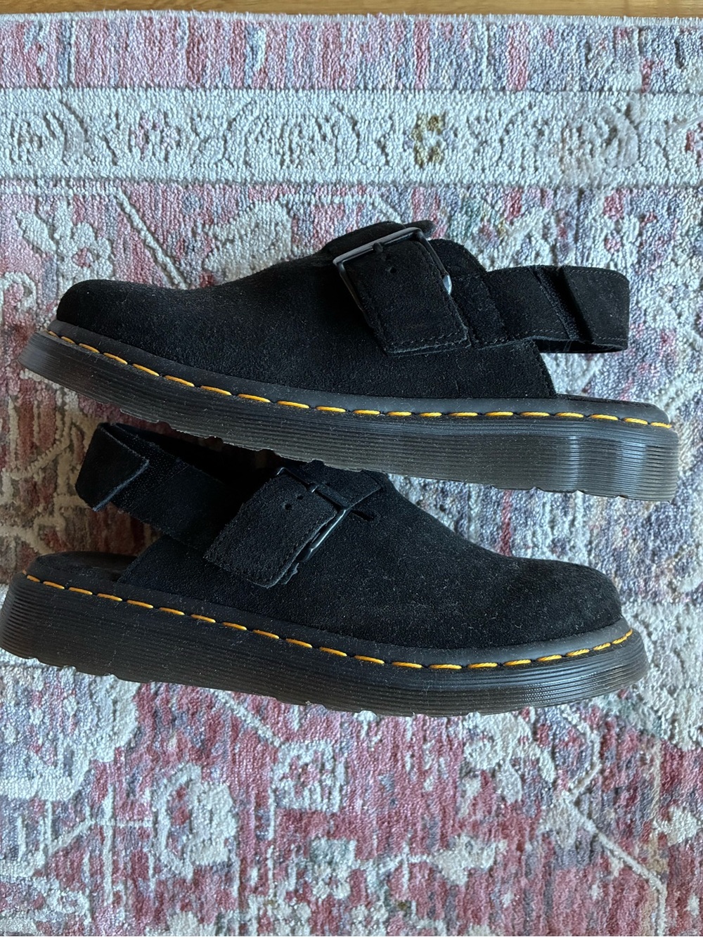 Dr. Martens Black Suede Slingback Sandals with Yellow Stitching